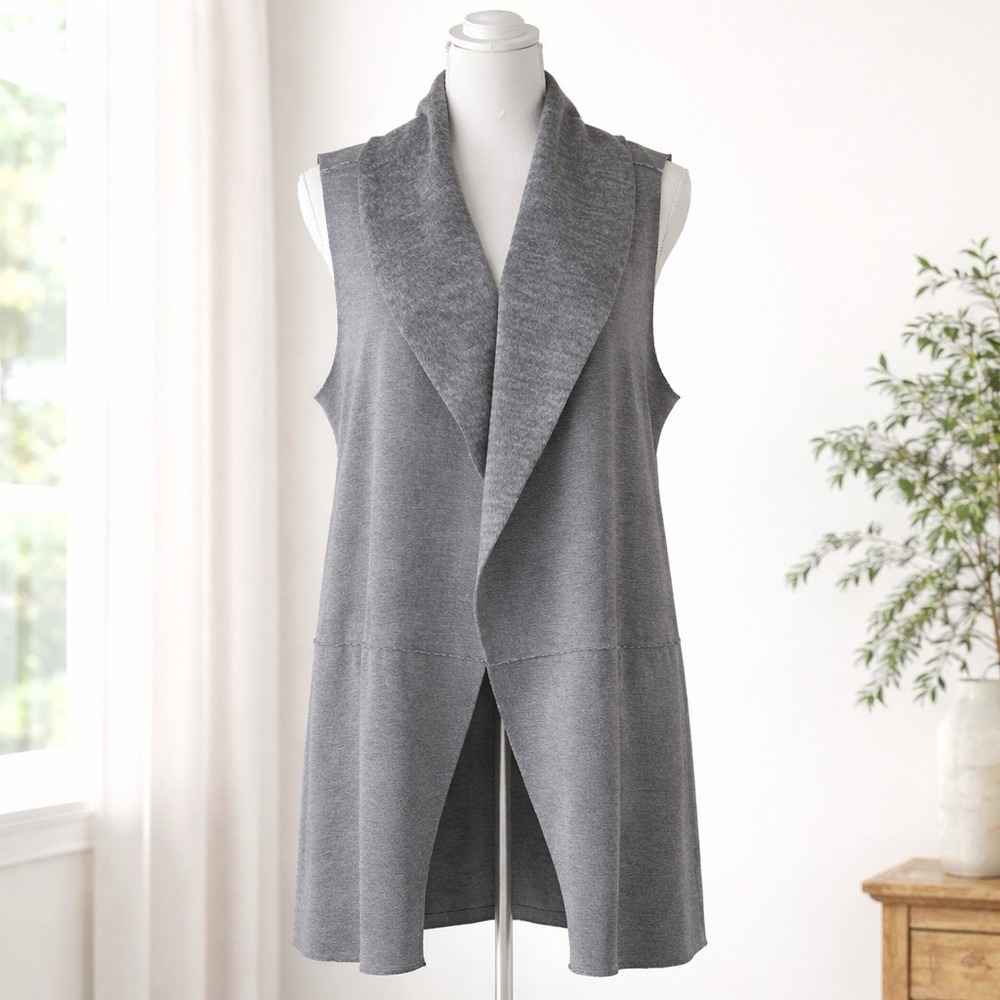Lagenlook Gray Open Duster Vest Women XL Artsy Boho Cozy Minimalist Layering